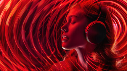 A passionate red abstract spiral wave pattern surrounds a central pair of headphones, hinting at sound