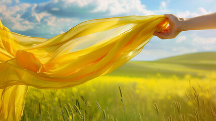 Beautiful young woman with yellow scarf on the wind in the spring - obrazy, fototapety, plakaty