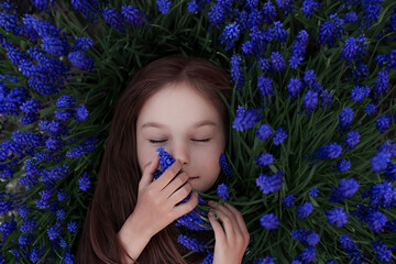 Portrait of young beautiful girl woman with brown hair lying on grass with blue flowers around her head. Close up, top view. Concept of spring summer.