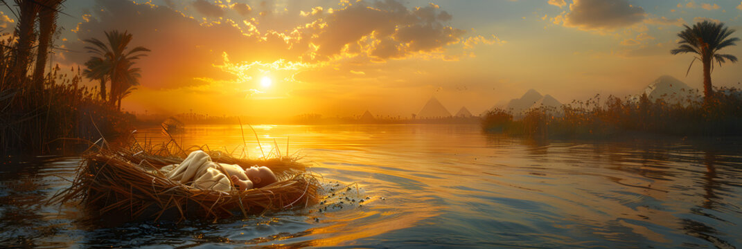 Baby Moses floating in a basket - River Sunset,
a boat floating on the water at sunset