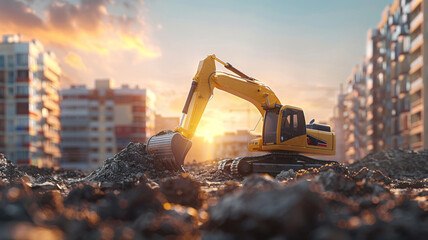 Bright yellow construction excavator at work on building site at sunrise - obrazy, fototapety, plakaty