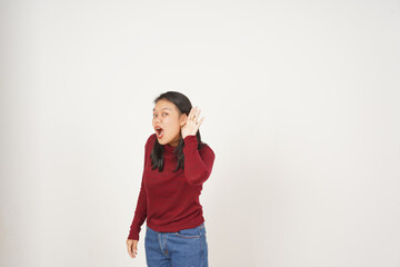 Young Asian woman in Red t-shirt hand on ear, cant hear you concept isolated on white background - obrazy, fototapety, plakaty