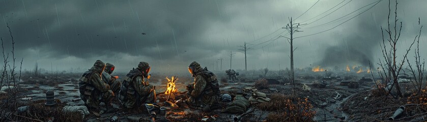 Amidst a dystopian landscape of barren land and toxic skies, a group of survivors huddles around a flickering campfire, clad in makeshift protective gear This scene is depicted in a gritty, photo-real - obrazy, fototapety, plakaty