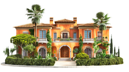 Fototapeta premium Italian villa With Palm Trees and Bushes - Cut out, Transparent background