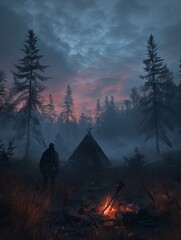 Amidst the embers of a Viking settlement, an archaeologist unearths a legendary warriors burial mound A 3D render capturing the moment of discovery, with the glow of a dying campfire casting eerie sha - obrazy, fototapety, plakaty