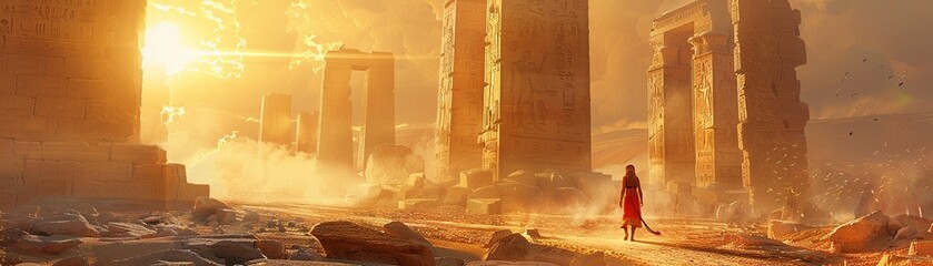 Beneath the sprawling ruins of an ancient temple, an explorer discovers the hieroglyphs of a Pharaohs forgotten tale Painting of the explorer amidst golden hour sunlight, revealing secrets lost to tim - obrazy, fototapety, plakaty