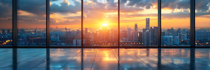 Blurred modern business office interior room,
Big city view with glowing sun or sunset on cloudy sky
