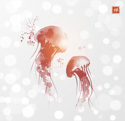 Ink painting of gracefully floating jellyfishes on white glowing background. Traditional oriental ink painting sumi-e, u-sin, go-hua. Translation of hieroglyph - zen - 762245029