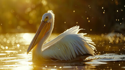 Great white pelican skimming the lake surface in the beautiful sunset rays of the sun. wildlife with nature background. - obrazy, fototapety, plakaty