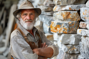 Stonemason Man with beard and hat standing in front of stone wall - obrazy, fototapety, plakaty
