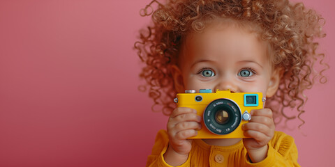 Cute, little baby holding camera over teal background. Banner with copyspace. Shallow depth of field.