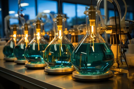 Green Glass Flasks on Table