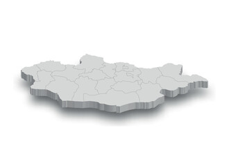 3d Mongolia white map with regions isolated
