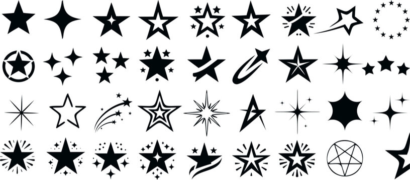 Black star shapes vector collection, unique designs for logos, badges, emblems. Includes classic, shooting, glowing stars. Perfect star icon for patterns, celestial themes, night sky illustrations