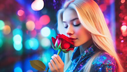 Young And Attractive Blonde Woman Smelling A Red Rose In A Colorfully Lit City At Night Time