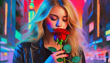 Young And Attractive Blonde Woman Smelling A Red Rose In A Colorfully Lit Night Time City