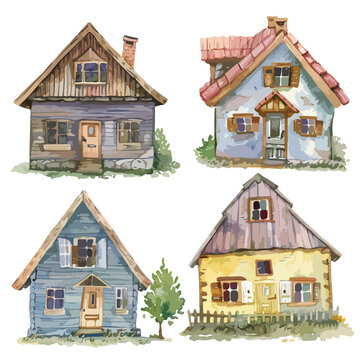 Summer Cottages Watercolor Clipart 