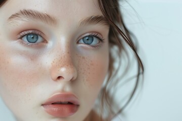 Woman with natural, dewy skin and minimalist makeup, embracing simplicity, soft pastels