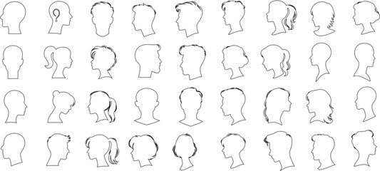 head line art Vector illustration of diverse head silhouettes, perfect for psychology, identity, character study visuals. Unique shapes and sizes, black outlines on a white background - obrazy, fototapety, plakaty