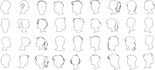 Poster head line art Vector illustration of diverse head silhouettes, perfect for psychology, identity, character study visuals. Unique shapes and sizes, black outlines on a white background © Arafat