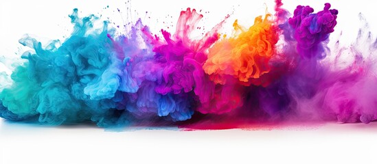 A vibrant display of Purple, Violet, Pink, Magenta, and Electric blue powder explosions on white...
