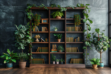 Fototapeta na wymiar A contemporary-style bookshelf adorned with plants that serves as a modern decorative element for virtual office backdrops, studio backgrounds, or can be printed in a large format to enhance a back