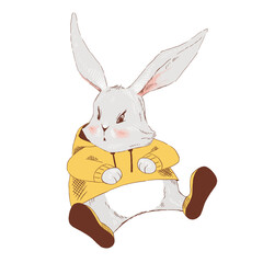Cartoon rabbit in a yellow jacket and brown shoes is sitting. Happy Easter. Funny art, hand-drawn. Illustrartion on a transparent background.