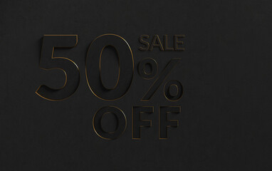 50 percent off price reduction toned in black. Loop animation of black 50% percent discount offer banner.