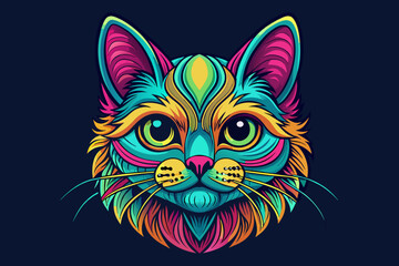 a hippy cat head, print ready vector t-shirt design, sticker dark black background, professional vector, high detail, t-shirt design, graffiti, vibrant, Use only all shades of magenta, teal blue
