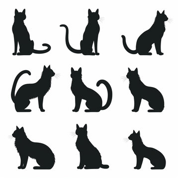 Silhouette cat set isolated. Collection of cats in different poses. Black and white illustration. Good for logo, typography, decorative sticker