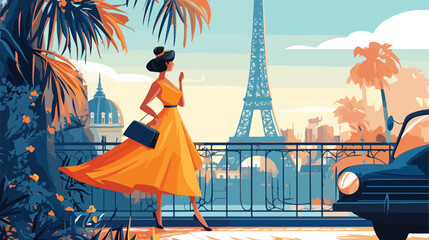 Beautiful woman in retro style in Paris . vintage dr - obrazy, fototapety, plakaty
