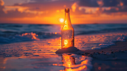 A bottle in the sand with the sun rising behind it - obrazy, fototapety, plakaty