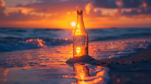 A bottle in the sand with the sun rising behind it
