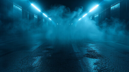 Obraz premium A dark empty street, blue background, dark scene, neon light, spotlights. The asphalt floor and studio room