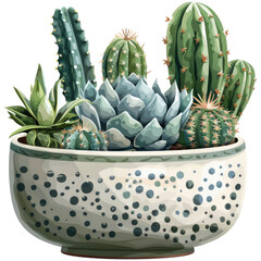 Mixed species of cacti and succulents small mini plant in modern ceramic vase, isolated on transparent background