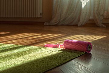 A yoga mat and foam roller in golden hour sunlight, evoking calm and readiness for a workout