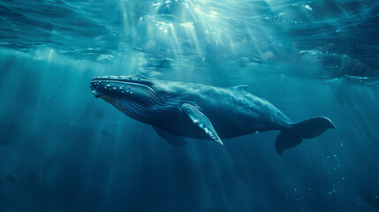 A deep sea view with a majestic blue whale swimming in the midst