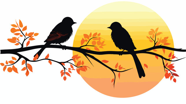Birds couple silhouettes on branch on sunset vector.