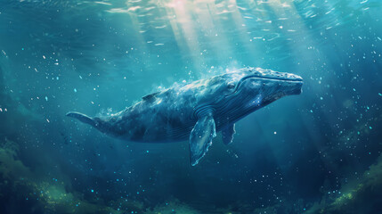 Fototapeta premium A deep sea view with a majestic blue whale swimming in the midst
