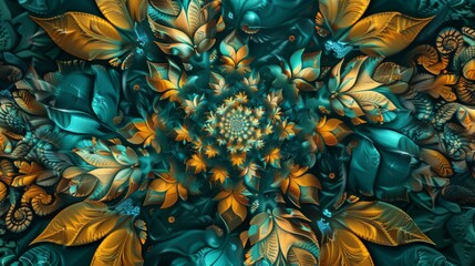 Vibrant Teal and Yellow Floral Motifs | Abstract Design Details - obrazy, fototapety, plakaty