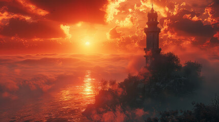 A mystical sunset scene with a majestic tower rising above a sea of clouds. The sky is ablaze with vibrant oranges and reds, reflecting in the waters below. - obrazy, fototapety, plakaty