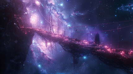 A surreal, cosmic landscape featuring a suspension bridge extending into an ethereal nebula with vibrant hues of purple and blue, dotted with stars and glowing particles - obrazy, fototapety, plakaty
