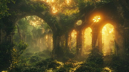 Enchanted forest scene with sunlight filtering through dense foliage, highlighting the arches and ruins of an ancient, overgrown structure.