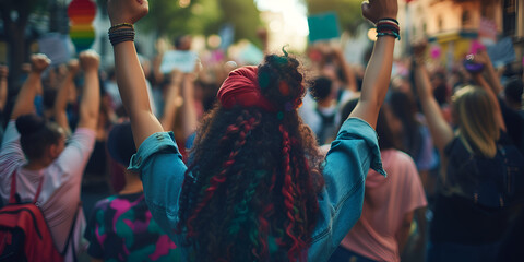 Fototapeta premium Rainbow Hair Color Styles Trending, woman's back view , hand raise of woman in a crowd