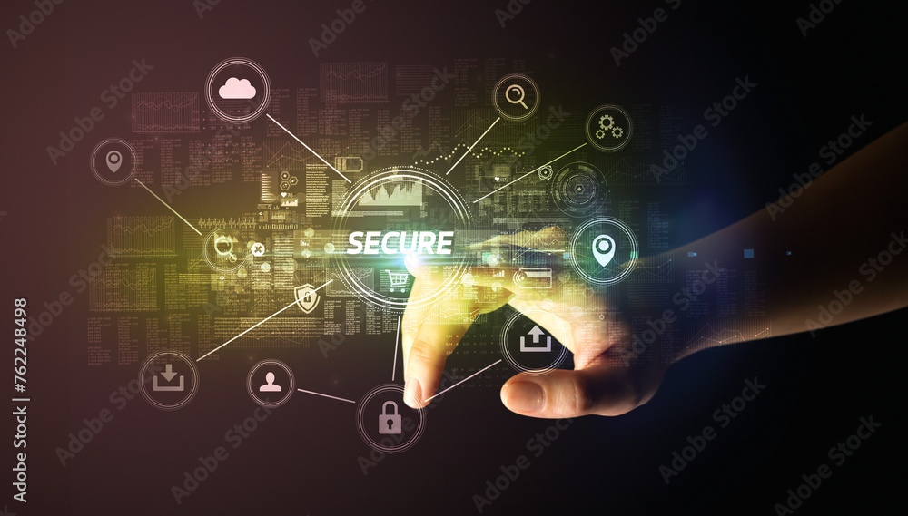 Poster Hand touching cybersecurity button concept