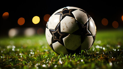 Traditional soccer ball on soccer field - obrazy, fototapety, plakaty