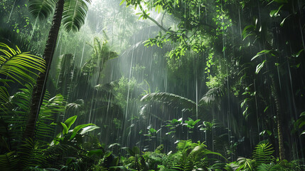A lush forest teeming with life during a rainy season
