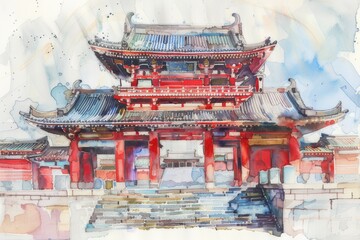 Stunning watercolor display of majestic Shuri Castle It captures the historical grandeur and architectural beauty of the castle.