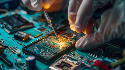 Technician plug in CPU microprocessor to motherboard socket. - obrazy, fototapety, plakaty
