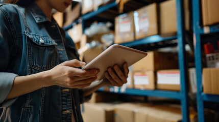 Young female using a digital tablet in a warehouse with cardboard parcels ready for postage in the background.
